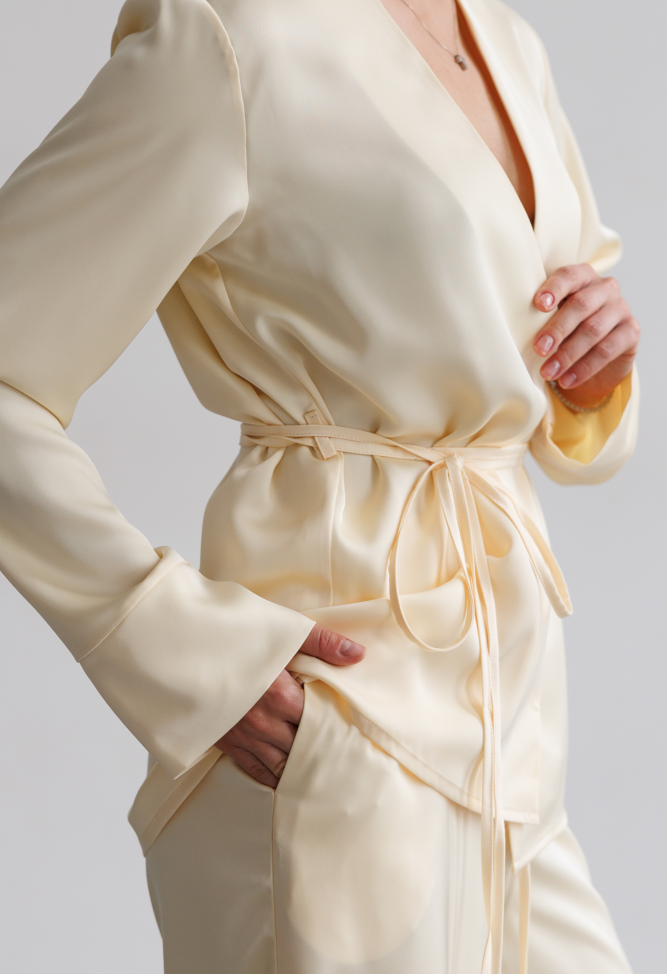Suit with palazzo pants and kimono jacket with belt, cream yellow 2